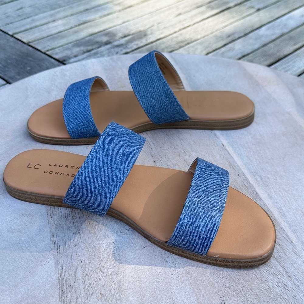 Lauren Conrad LC Womens Slide Sandals Size 8 Blue Denim Double Strap Flat Slides - Picture 9 of 13